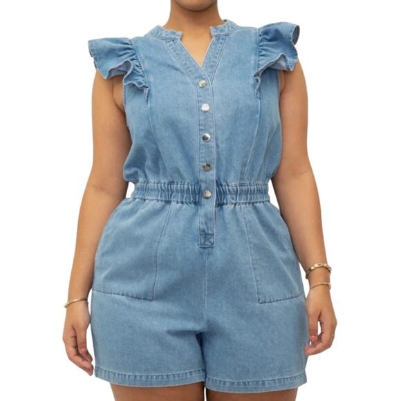 Eloquii Elements Light Wash Chambray Ruffle Sleeve Denim Romper Size 20 - Picture 1 of 7